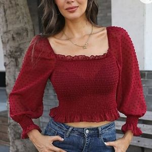 Women's Square Neck Ruffle Long Sleeve Smocked Crop Top, Size Large